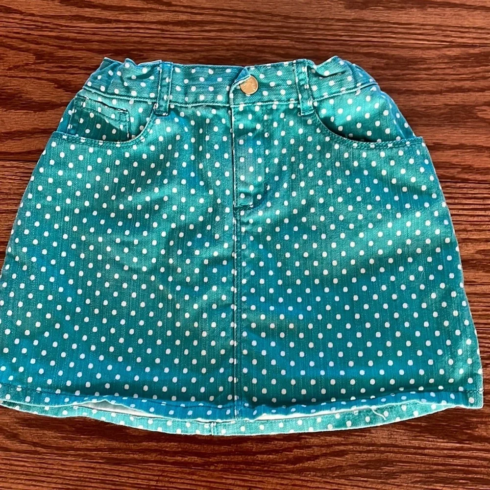 GYMBOREE girls polka dot teal green white denim mini skirt adjustable waist sz 7